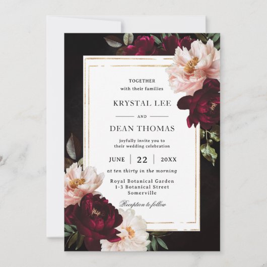 Invitation Mariage Moody Black Burgundy Blush Floral Peonies (Devant)