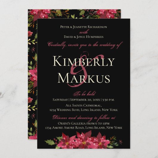 Invitation Mariage Moody foncé Monogram Claret Red Poinsettia (Devant / Derrière)