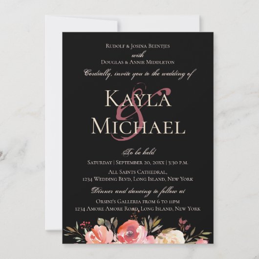 Invitation Mariage Moody foncé Monogramme Rose d'hiver Invita (Devant)