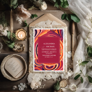Invitation Mariage motif abstrait rétro funky des années 70