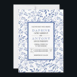 Invitation Mariage motif feuille bleu indigo moderne<br><div class="desc">Modèle feuille moderne bleu indigo. Cette invitation de mariage rectangulaire comporte une bordure faite d'un motif de feuilles et votre formulation dans un cadre blanc avec un contour de galets en indigo.</div>