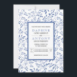 Invitation Mariage motif feuille bleu indigo moderne<br><div class="desc">Modèle feuille moderne bleu indigo. Cette invitation de mariage rectangulaire comporte une bordure faite d'un motif de feuilles et votre formulation dans un cadre blanc avec un contour de galets en indigo.</div>
