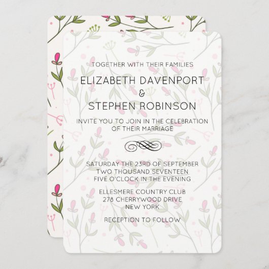 Invitation Mariage Motif Fleur sauvage rose et vert (Devant / Derrière)