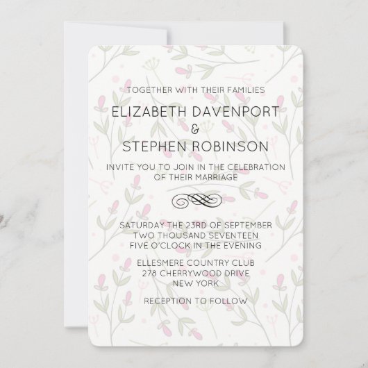 Invitation Mariage Motif Fleur sauvage rose et vert (Devant)