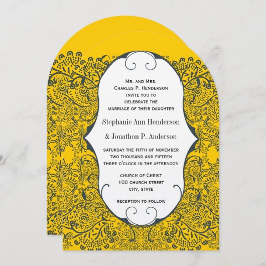 Invitation Mariage Motif Inséparable de Navy et Mustard Peaco (Devant / Derrière)