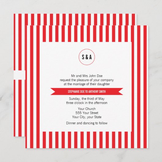 Invitation Mariage Motif Monogram Red and White Stripes (Devant / Derrière)