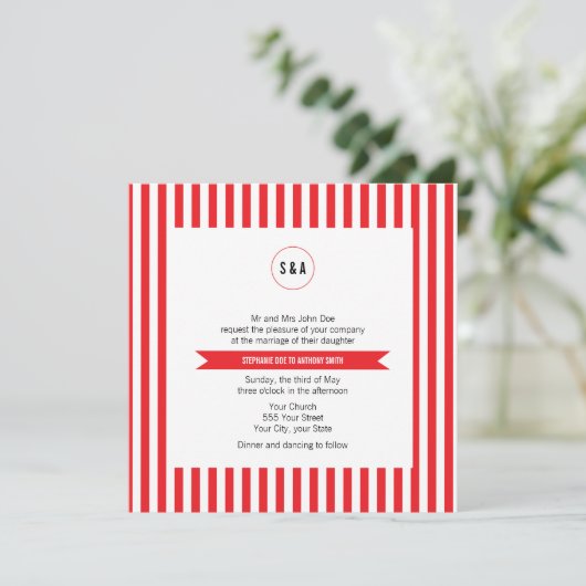 Invitation Mariage Motif Monogram Red and White Stripes (Debout devant)