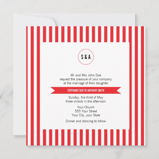 Invitation Mariage Motif Monogram Red and White Stripes (Devant)