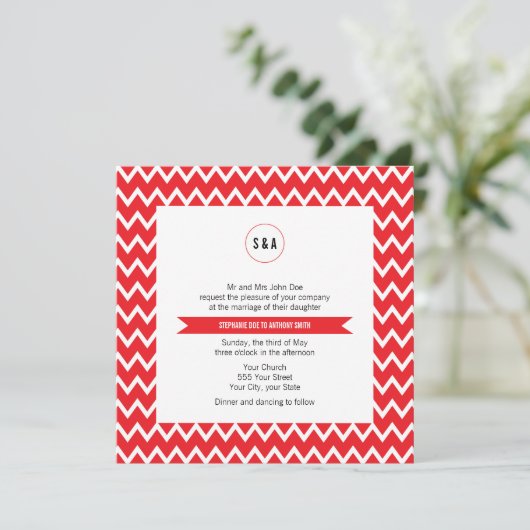 Invitation Mariage Motif Monogram Red et White Chevron (Debout devant)