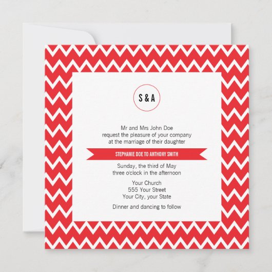 Invitation Mariage Motif Monogram Red et White Chevron (Devant)