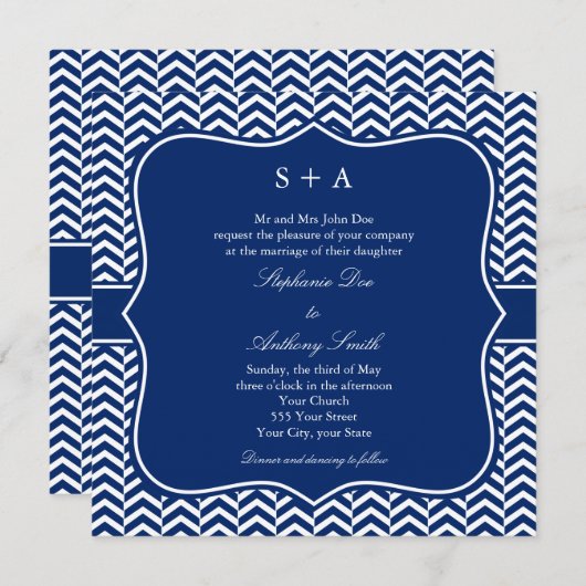 Invitation Mariage Motif Monogram Royal Blue Chevron (Devant / Derrière)