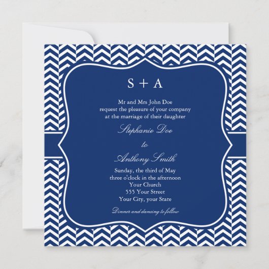 Invitation Mariage Motif Monogram Royal Blue Chevron (Devant)