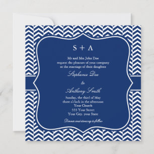 Invitation Mariage Motif Monogram Royal Blue Chevron