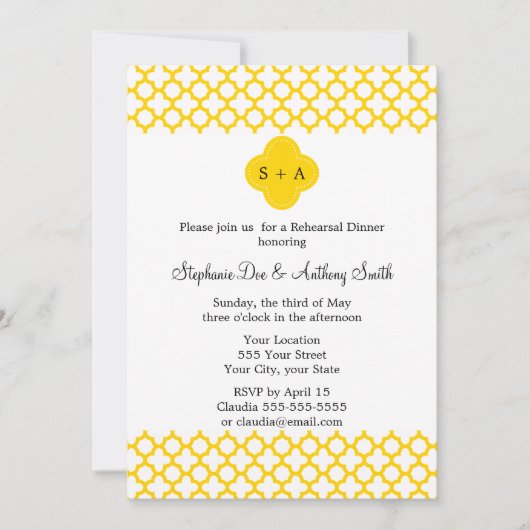Invitation Mariage Motif Monogram Yellow Quatrefoil (Devant)