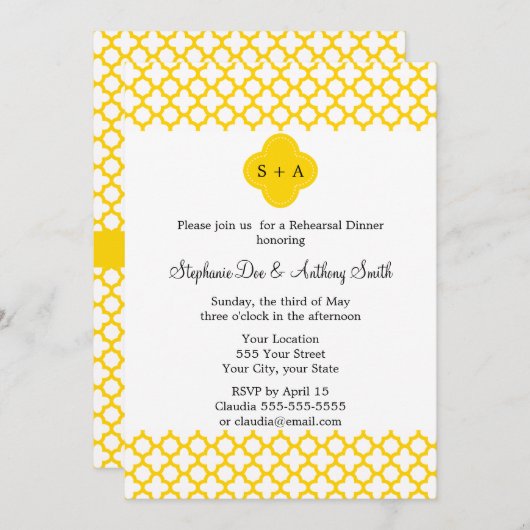 Invitation Mariage Motif Monogram Yellow Quatrefoil (Devant / Derrière)