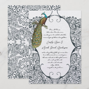 Invitation Mariage Motif Oiseau Amour Paon Fantaisiste Navy