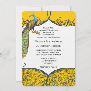 Invitation Mariage motif oiseau de l'amour paon moutarde et m