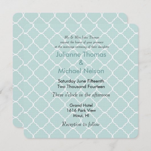 Invitation Mariage Motif Quatrefoil bleu et blanc (Devant / Derrière)