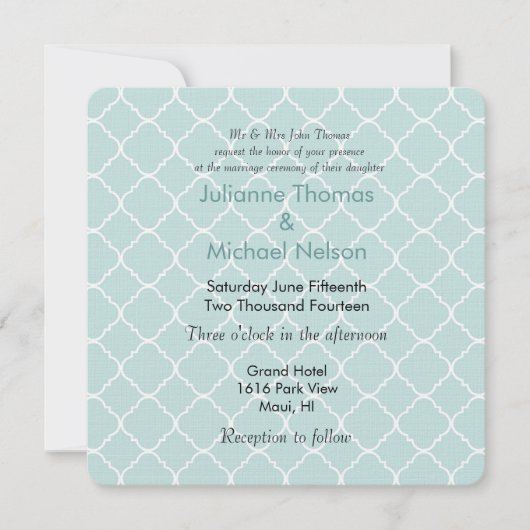 Invitation Mariage Motif Quatrefoil bleu et blanc (Devant)