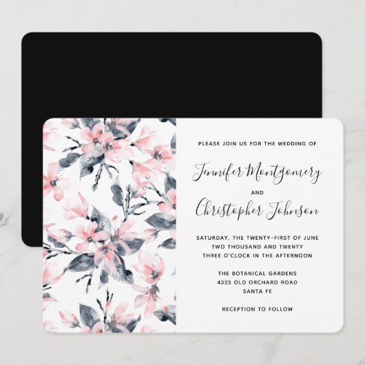 Invitation Mariage Motif rose et gris Floral (Devant / Derrière)