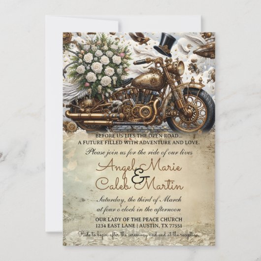 Invitation Mariage Motocyclette Biker Or Blanc (Devant)
