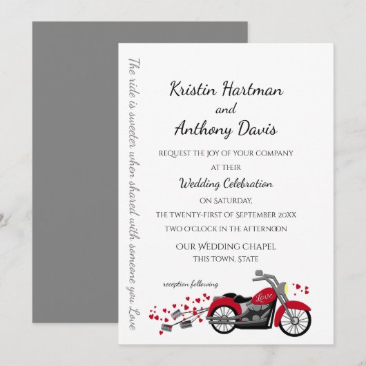 Invitation Mariage Motocyclette et Cœurs (Devant / Derrière)