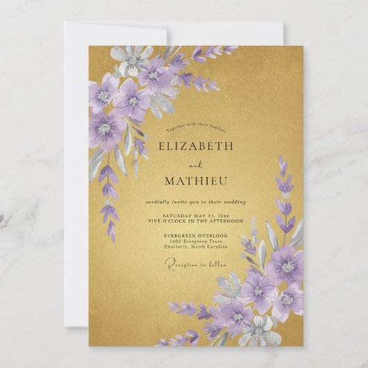 Invitation Mariage Moutarde Améthyste Pétales (Devant)