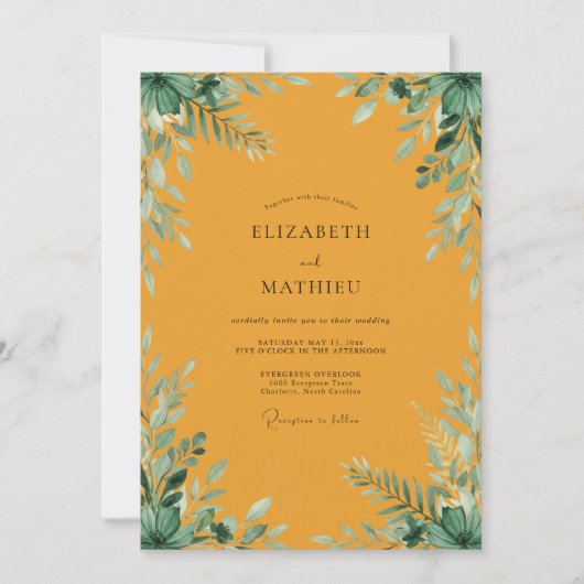Invitation Mariage Moutarde Doré Feuillage Eucalyptus Poussié (Devant)