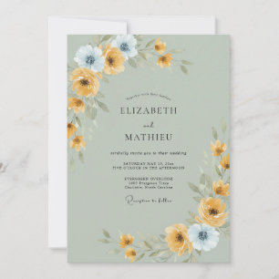 Invitation Mariage Moutarde Pervenche Ranunculus Eucalyptus