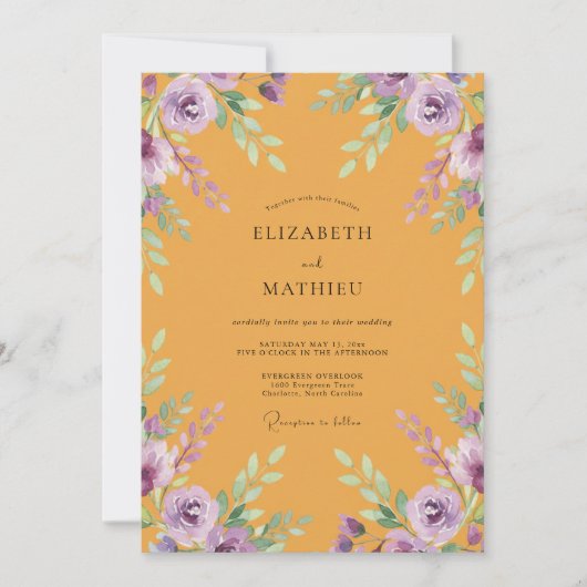 Invitation Mariage Moutarde Violet Ranunculus Eucalyptus (Devant)