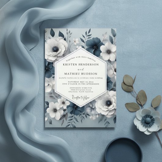 Invitation Mariage Murmure Floral Bleu Ardoise