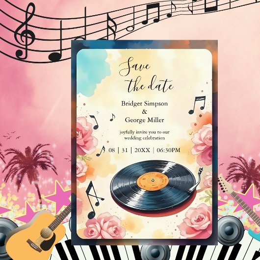 Invitation mariage musical floral ludique enregistrer la date