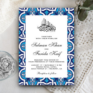 Invitation Mariage Musulman Arabesque Islamique Bleu et Blanc