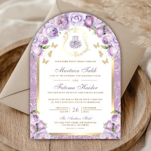 Invitation Mariage Musulman Arc Floral Pourpre Lavande Or