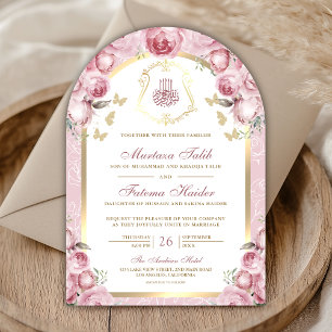 Invitation Mariage Musulman Arche Dorée Fleurie Rose Blush