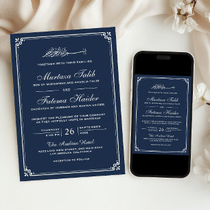 Invitation Mariage Musulman avec Bordure de Crème Bleu Marine