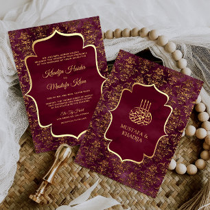 Invitation Mariage Musulman Burgundy Rustique Doré Damassé