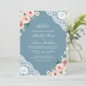 Invitation Mariage Musulman Code QR Broderie Bleue Douce Fleu (Debout devant)
