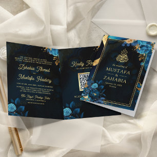 Invitation Mariage Musulman Code QR Fleurs Or Bleu Royal