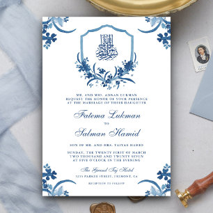 Invitation Mariage musulman Crête florale aquarelle bleu rust