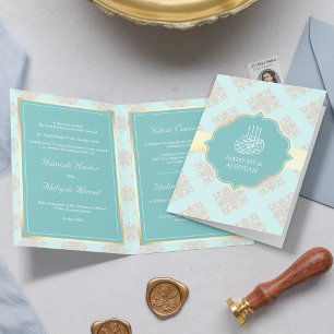 Invitation Mariage Musulman Damassé Bleu Aqua Pastel Rustique