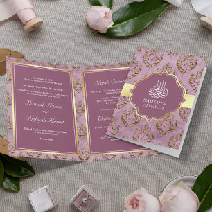 Invitation Mariage Musulman Damassé Lavande Or Rustique Vinta