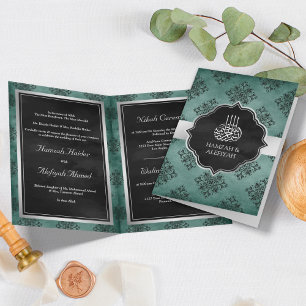 Invitation Mariage Musulman Damassé Noir Sarcelle Argent Rust