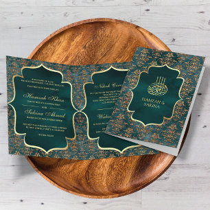 Invitation Mariage Musulman Damassé Sarcelle Or Rustique