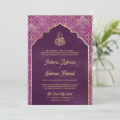 Invitation Mariage musulman de l'Arc marocain violet or (Debout devant)