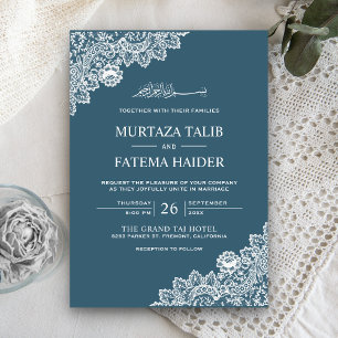 Invitation Mariage musulman élégant bleu et blanc en dentelle
