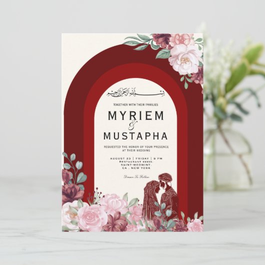 Invitation Mariage Musulman Élégant Rouge et Floral (Debout devant)
