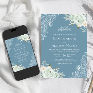 Invitation Mariage Musulman en Dentelle Florale Vert Sauge Bl