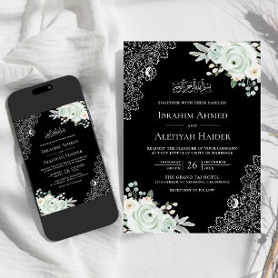 Invitation Mariage Musulman en Dentelle Florale Verte Sauge N