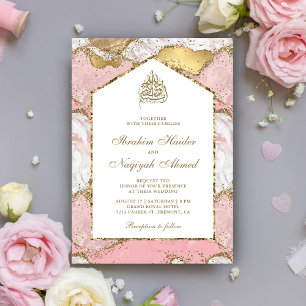 Invitation Mariage musulman en marbre blanc rose vif